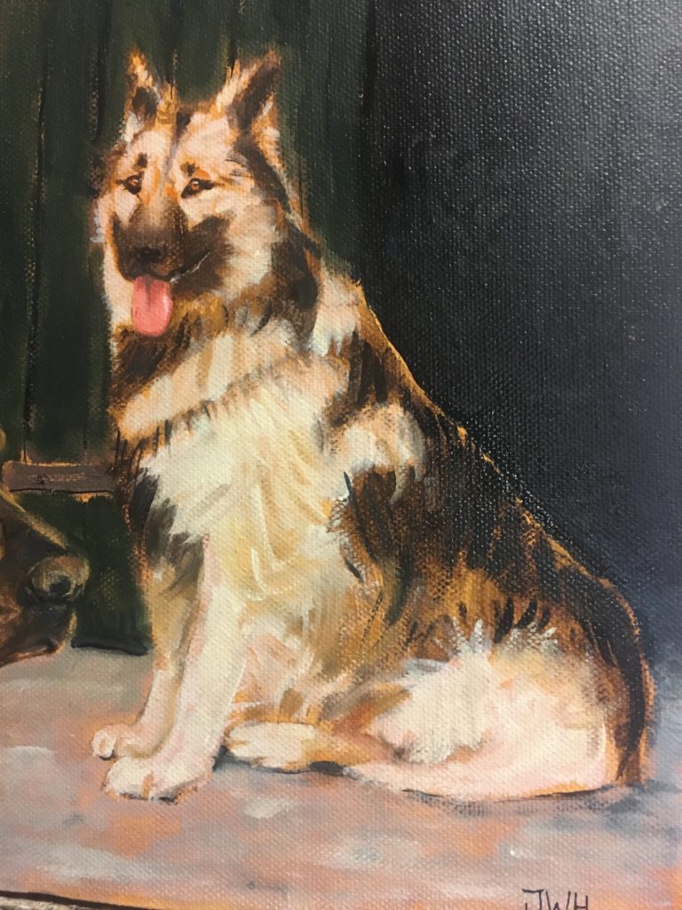 Portret van hond Russel in olieverf geschilderd door JWH