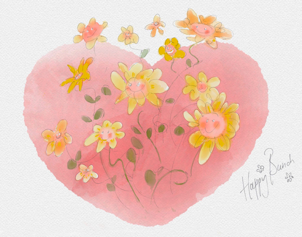Happy Bunch • bloemen met hart in aquarel • digitale techniek • gemaakt door JWH