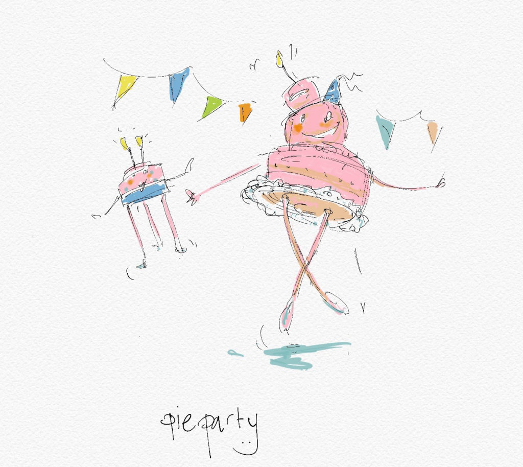 Pie Party • Dansende taarten op een feestje • illustratie in aquarel • digitale techniek • gemaakt door JWH
