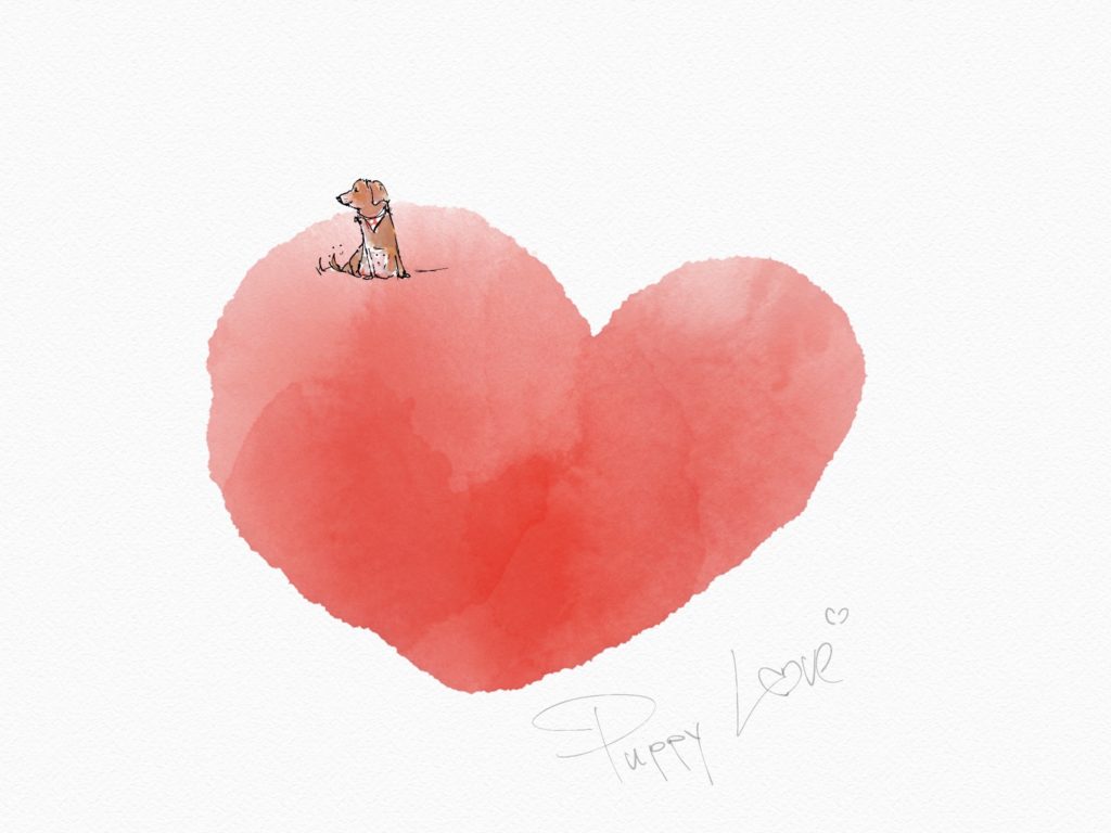Puppy Love • hondje op groot hart • Illustratie in aquarel • digitale techniek • gemaakt door JWH